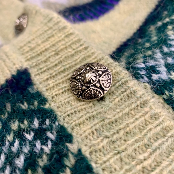 Vintage Green striped Nordic/fair isle wool button up sweater cardigan cabincore - Picture 5 of 9